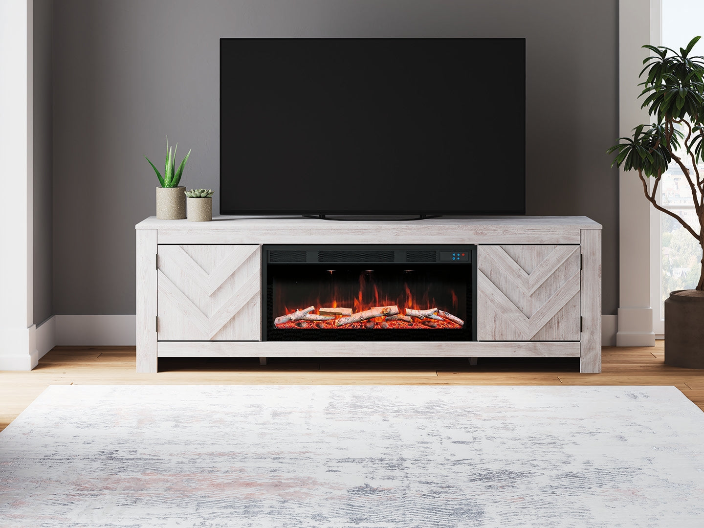 Close-up of Cayboni TV stand chevron pattern detail on front panel