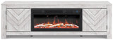 Cayboni TV stand with electric fireplace on, showing colorful LED-lit flames
