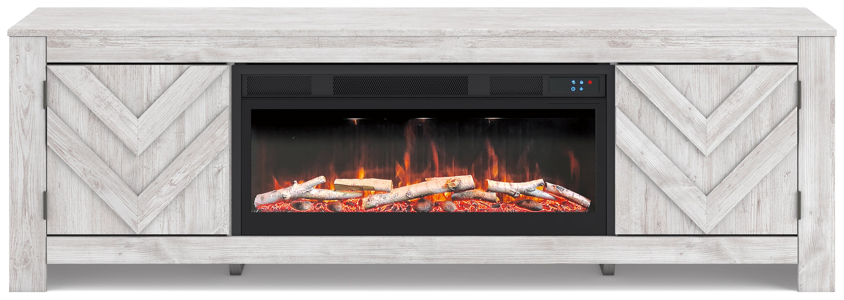 Cayboni TV stand with electric fireplace on, showing colorful LED-lit flames