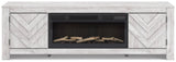 Side angle of Cayboni TV stand showing whitewash finish and cabinet door
