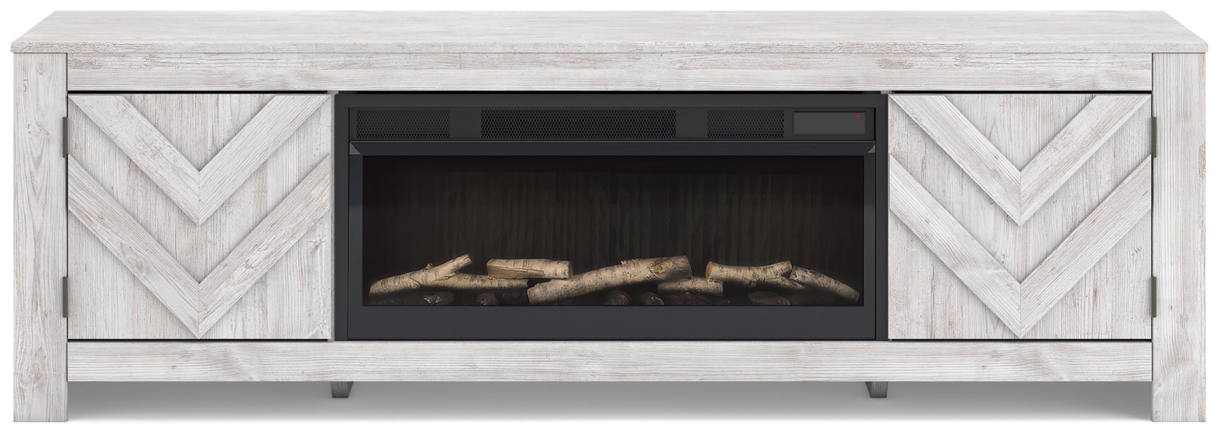 Side angle of Cayboni TV stand showing whitewash finish and cabinet door