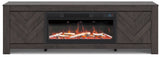 Cayboni TV stand close-up of electric fireplace insert with LED flame