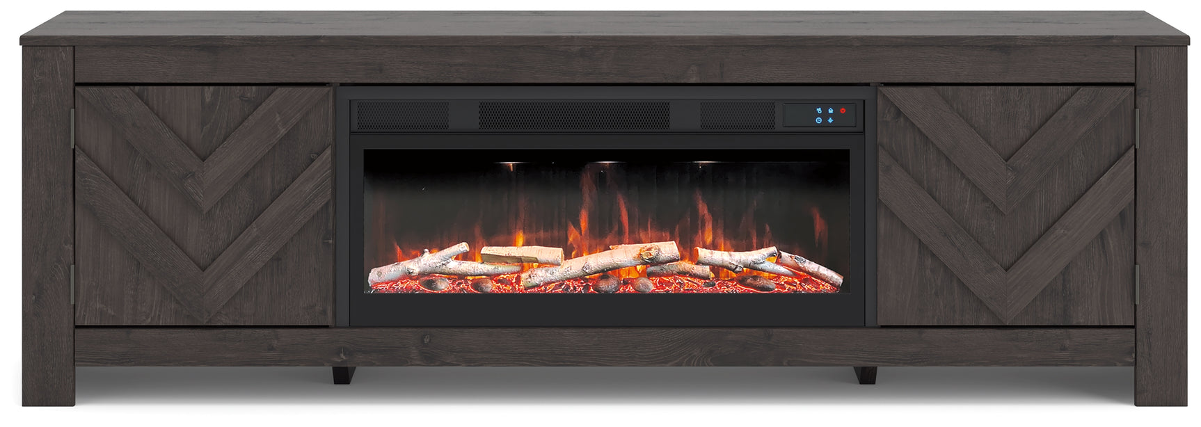 Cayboni TV stand close-up of electric fireplace insert with LED flame