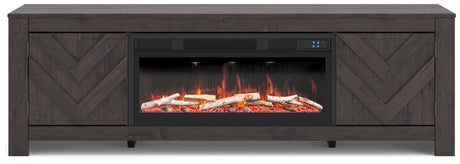 Cayboni TV stand close-up of electric fireplace insert with LED flame