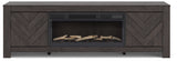 Front angle of Cayboni black TV stand with fireplace insert