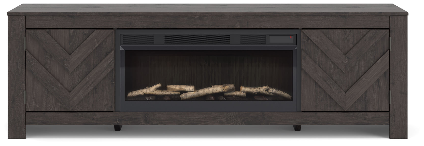 Front angle of Cayboni black TV stand with fireplace insert