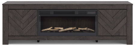 Front angle of Cayboni black TV stand with fireplace insert