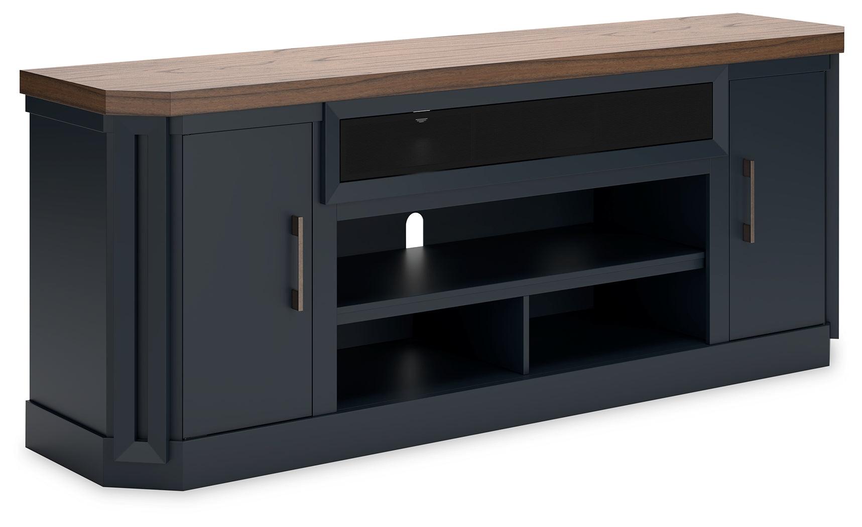 Landocken 83 inch brown and blue TV stand closed front angle