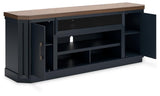 Landocken 83 inch brown and blue TV stand open cabinet angle