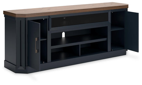 Landocken 83 inch brown and blue TV stand open cabinet angle