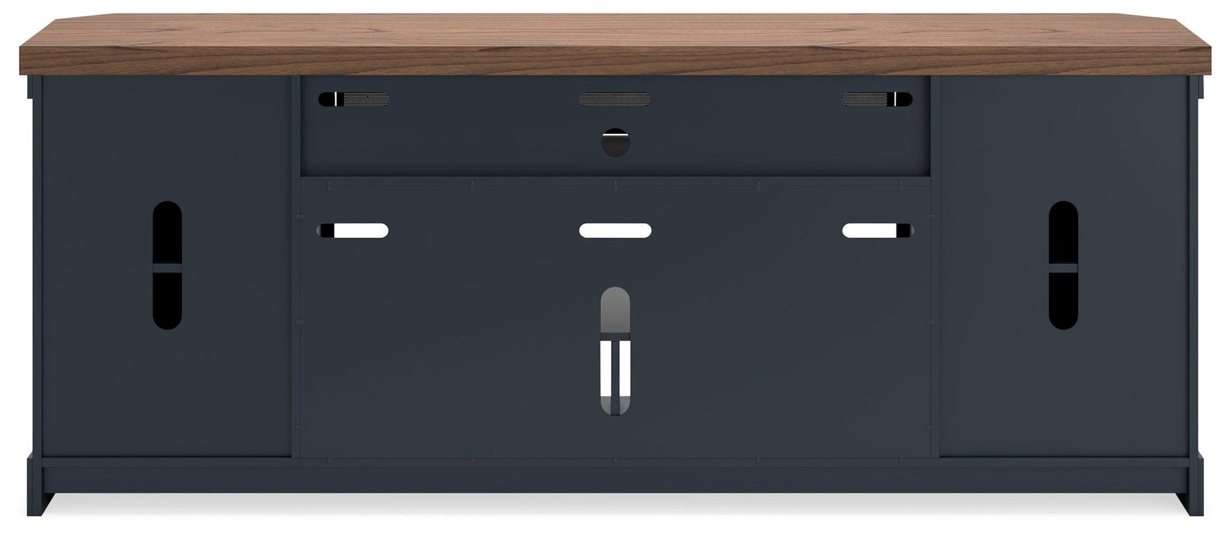 Landocken 83 inch brown and blue TV stand back panel view
