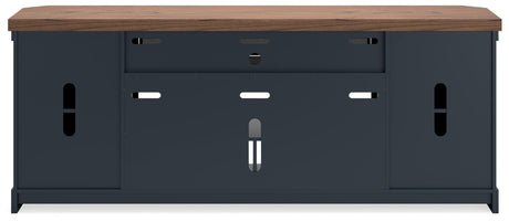 Landocken 83 inch brown and blue TV stand back panel view