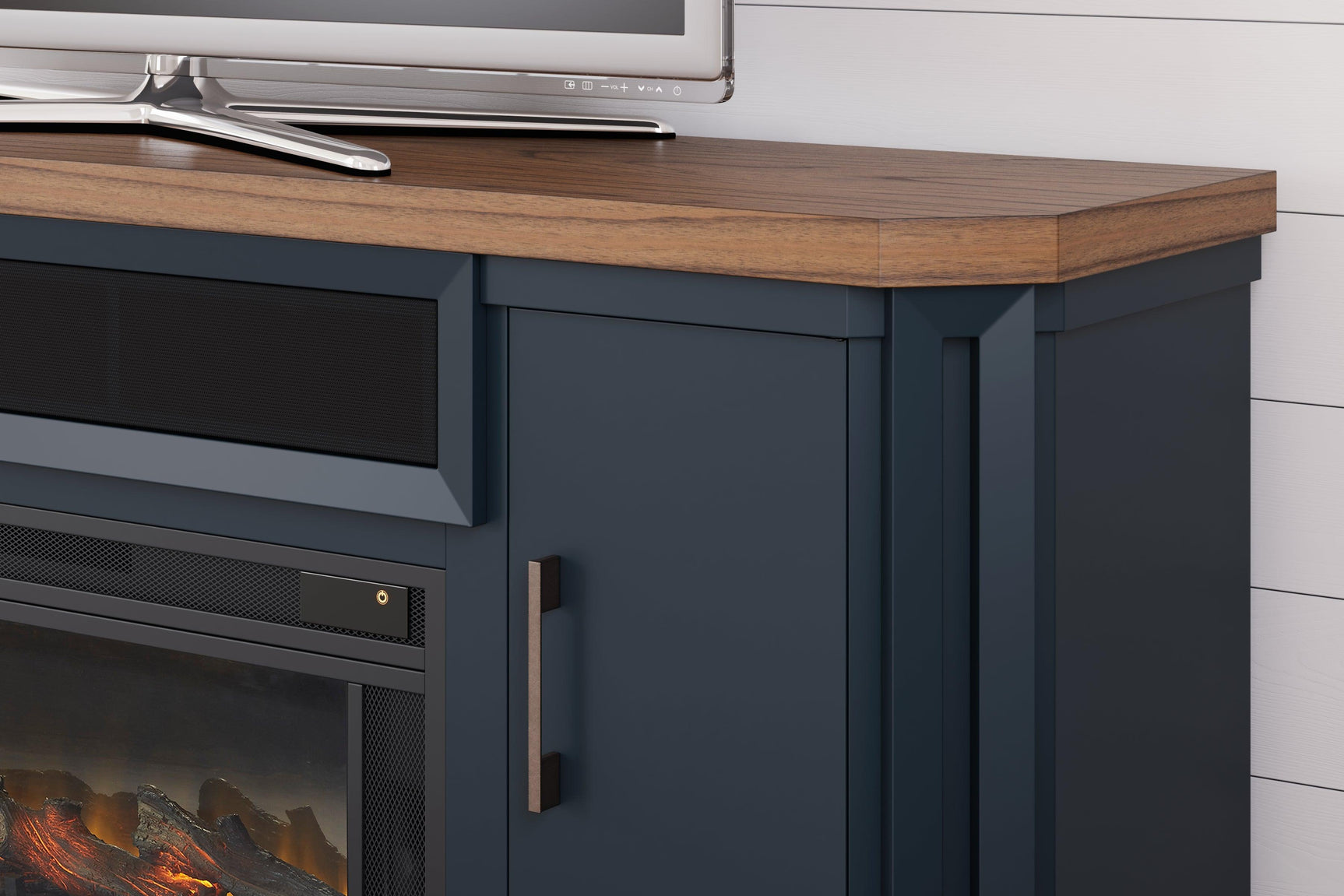 Landocken Two-Tone 83 inch TV Stand showing wood-tone top and slate blue finish