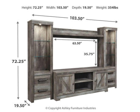 Wynnlow entertainment center with barn door-inspired crossbuck detailing