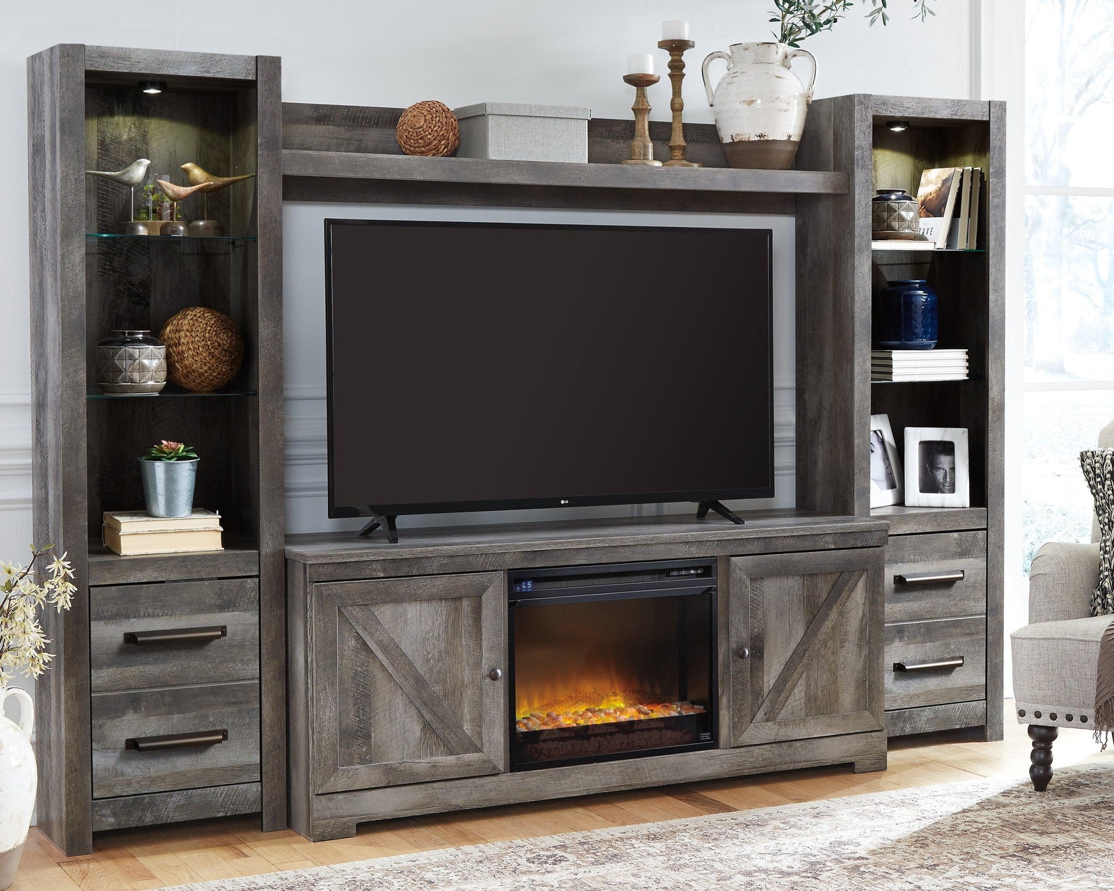 Wynnlow Gray 4-Piece Entertainment Center With Electric Fireplace - Ella Furniture