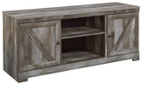 Wynnlow Gray 63 inch TV Stand front view with open shelves