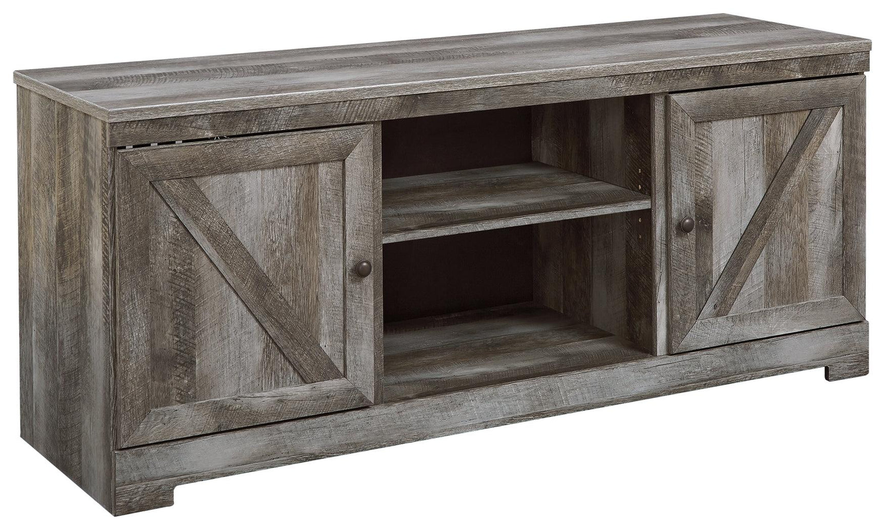 Wynnlow Gray 63 inch TV Stand front view with open shelves