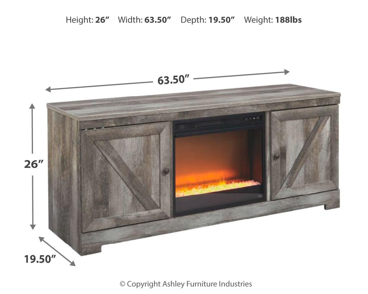 Dimensions diagram for Wynnlow TV stand with fireplace