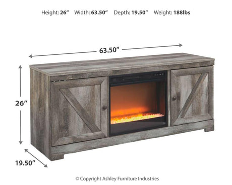 Dimensions diagram for Wynnlow TV stand with fireplace