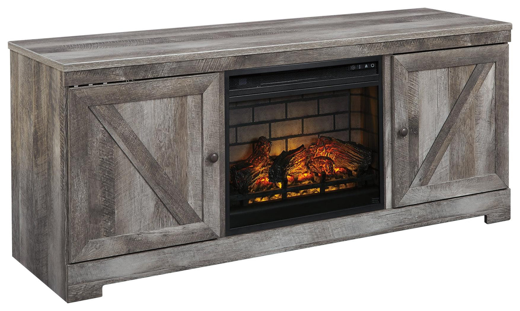 Wynnlow TV stand angle featuring electric fireplace insert