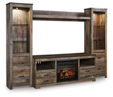 Trinell Brown Entertainment Center detail showing sliding barn door and mesh accents