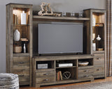 Trinell Brown 4-Piece Entertainment Center with drawers open