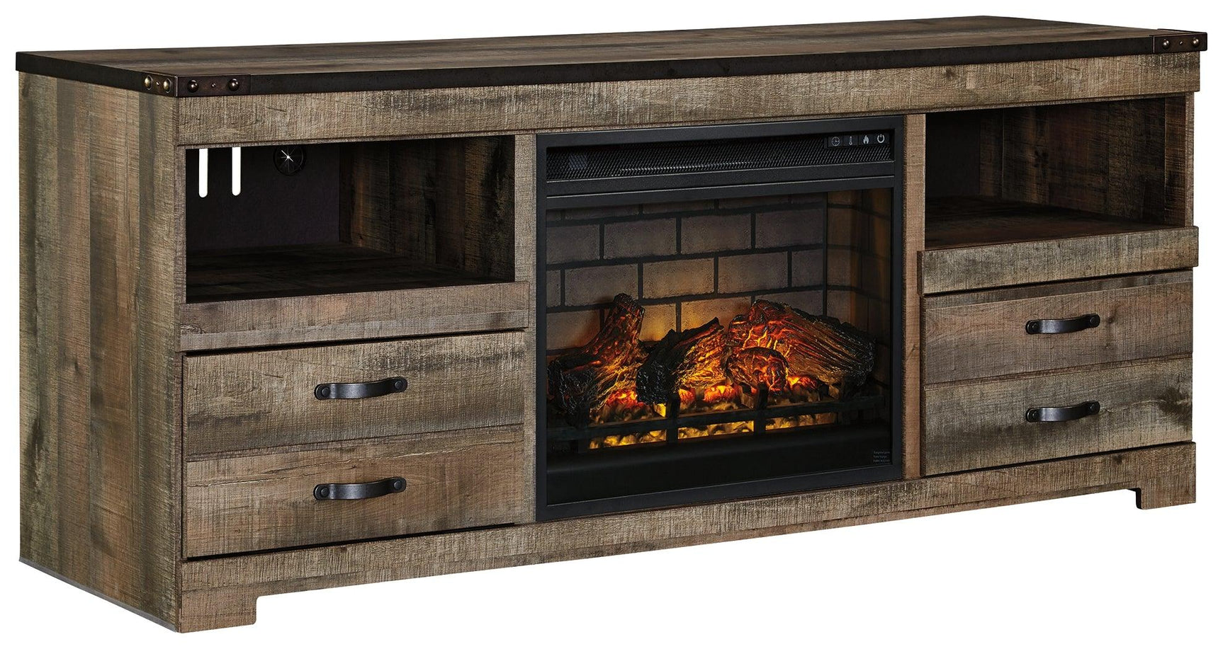 Trinell TV stand with fireplace showing shelf and drawers detail