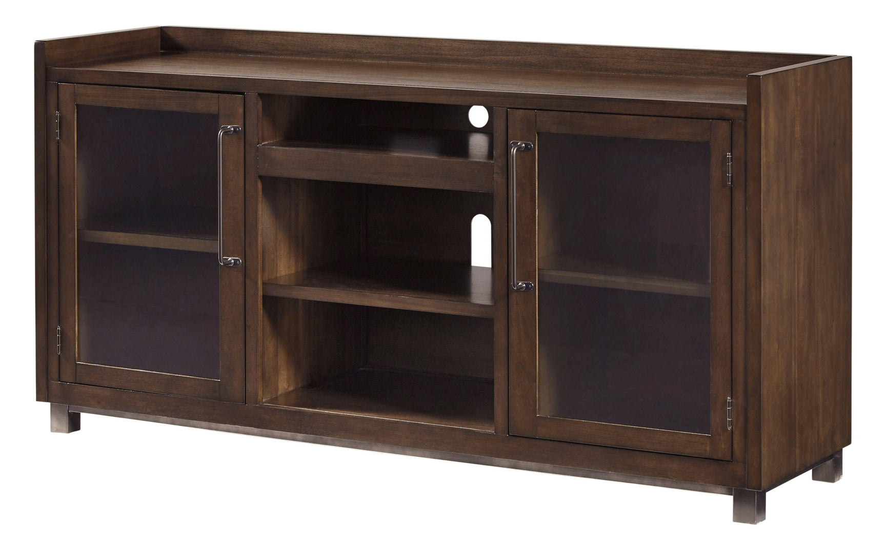 Open cabinet shelving of Starmore 70" TV stand with fireplace