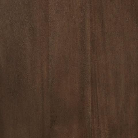 Detail of oiled walnut-tone finish and dark bronze-tone metal hardware