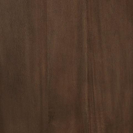 Detail of oiled walnut-tone finish and dark bronze-tone metal hardware