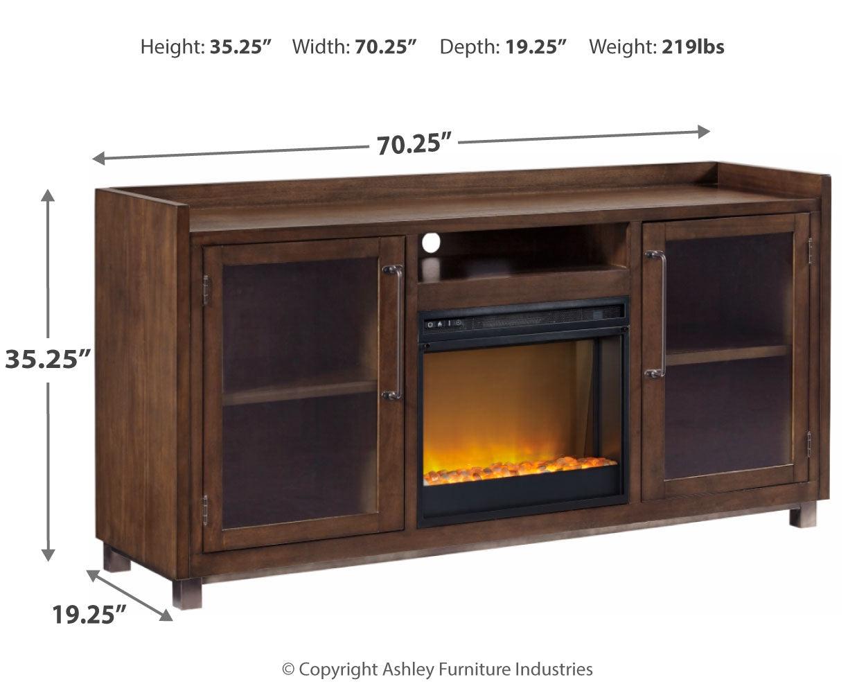 Starmore TV stand front view with electric fireplace insert on