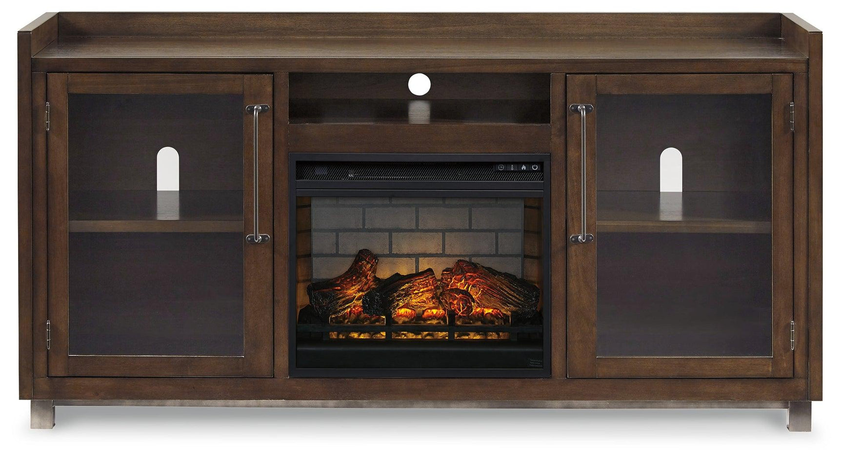 Front view of electric fireplace insert within TV stand