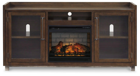 Front view of electric fireplace insert within TV stand