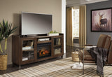 Starmore TV stand with fireplace lit from front angle