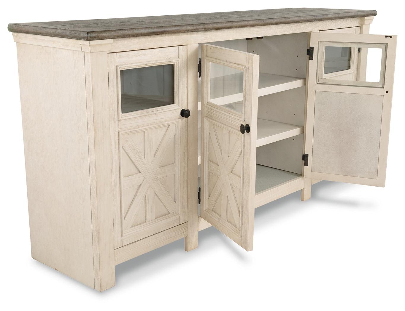 Bolanburg Two-tone 74 inch TV Stand with cabinet doors open