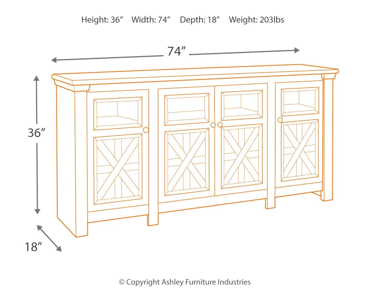 Bolanburg Two-tone 74 inch TV Stand dimensions diagram
