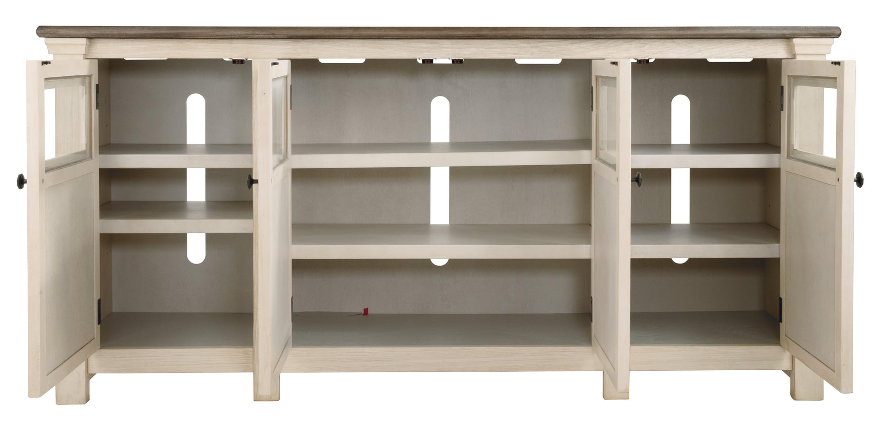 Bolanburg Two-tone 74 inch TV Stand showing adjustable shelves