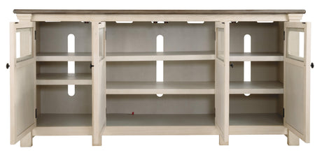 Bolanburg Two-tone 74 inch TV Stand showing adjustable shelves