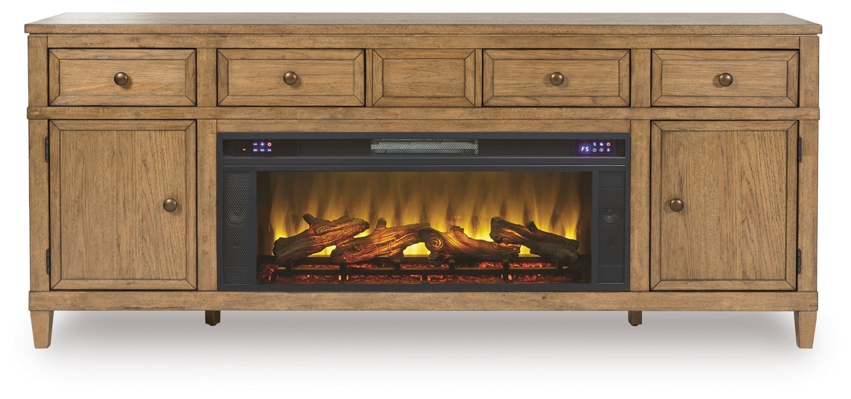 Close-up of electric fireplace insert with glowing embers