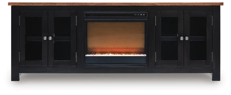 Side angle view of Wildenauer TV stand with electric fireplace
