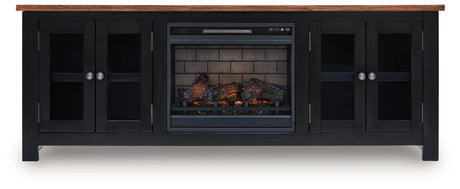 TV stand with electric fireplace remote control displayed