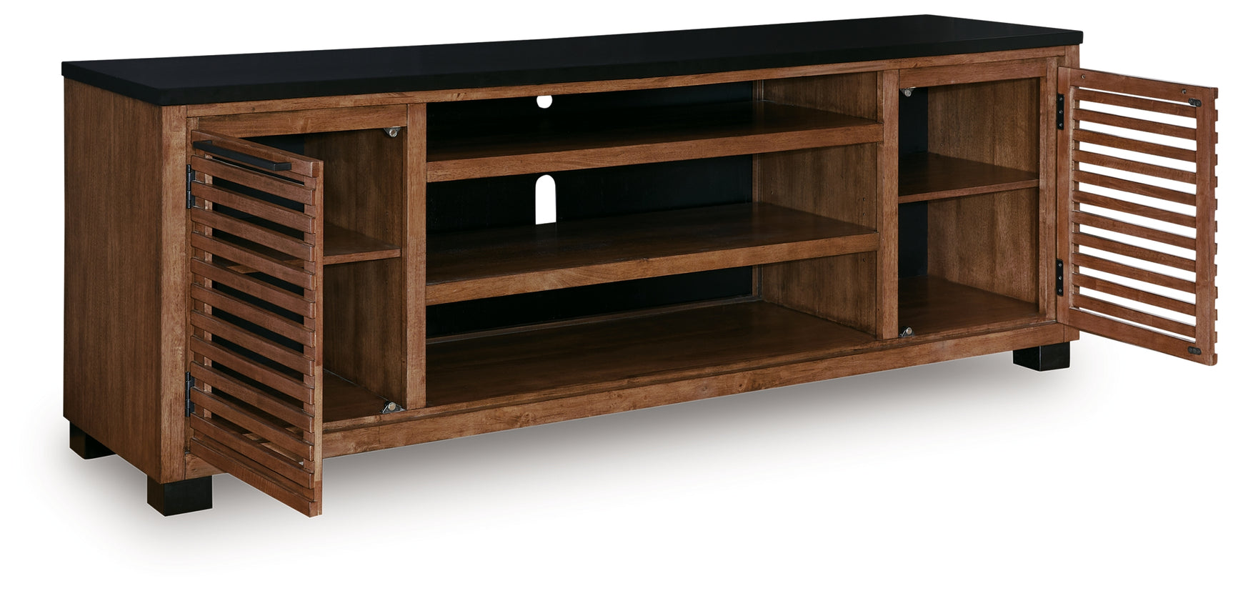 Kallari TV Stand angled open with shelves visible