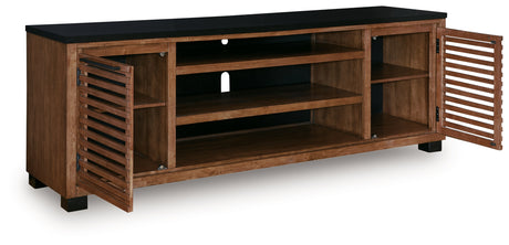 Kallari TV Stand angled open with shelves visible