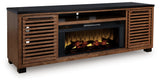 Kallari TV stand side angle showing slatted cabinet door