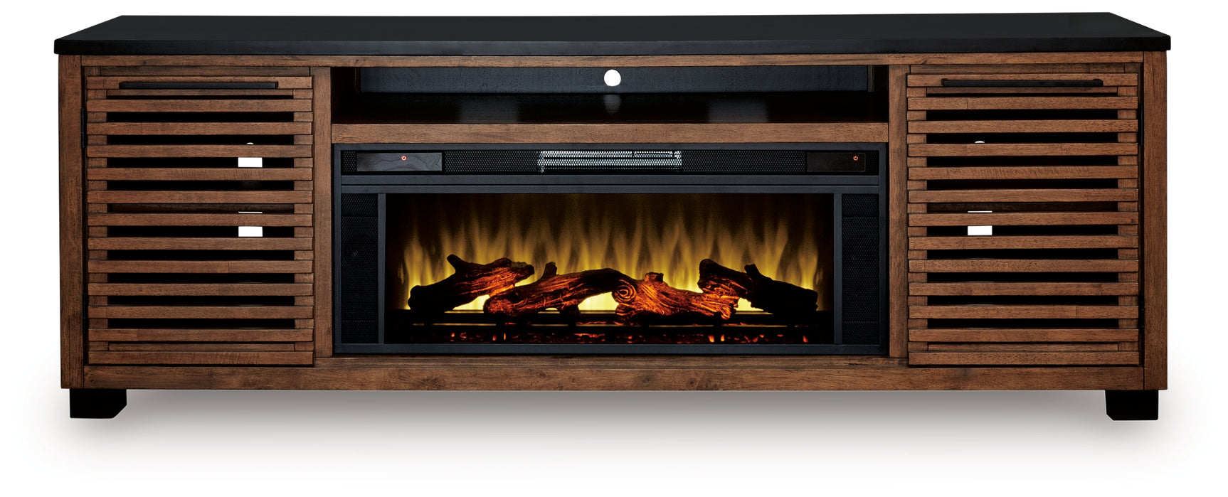 Kallari TV stand head-on view with electric fireplace insert