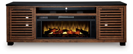 Kallari TV stand head-on view with electric fireplace insert