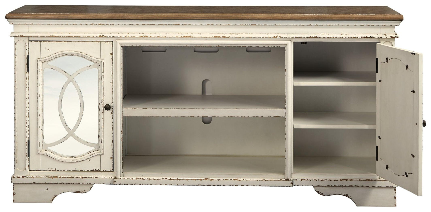 Realyn Chipped White 74 inch TV Stand head-on view