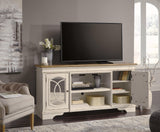 Realyn Chipped White 74 inch TV Stand with cabinet door open showing shelves