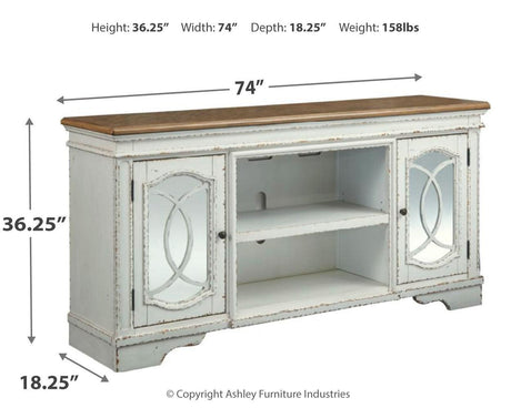 Realyn Chipped White 74 inch TV Stand dimension diagram