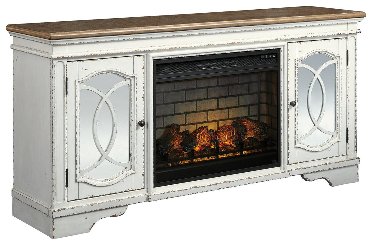 Realyn TV stand with electric fireplace angled side view showing decorative fretwork